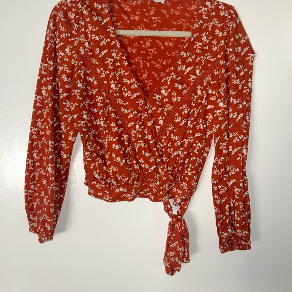 Lucky Brand Orange Wrap Blouse 3/4 Sleeve Tie Front